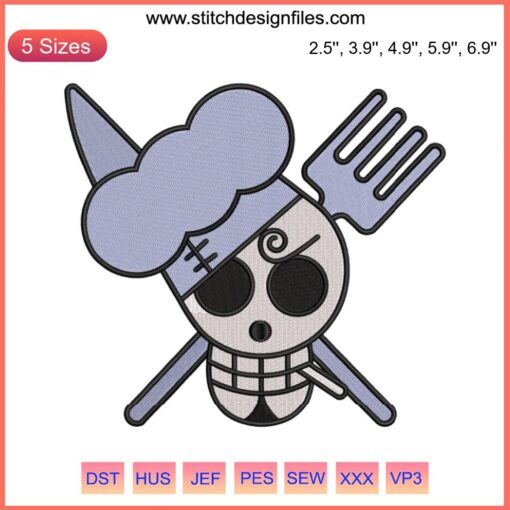 Sanji Jolly Roger Logo Embroidery File: Anime One Piece Machine Embroidery Design featuring a stylized skull with chef's hat.
