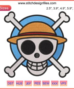 New World Luffy Jolly Roger Embroidery Design, One Piece Anime, Machine Stitch File: Skull, Straw Hat, Crossbones, Adventure.