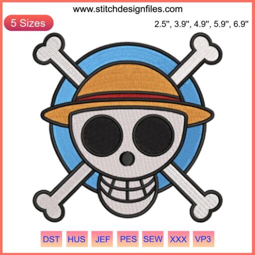 New World Luffy Jolly Roger Embroidery Design, One Piece Anime, Machine Stitch File: Skull, Straw Hat, Crossbones, Adventure.
