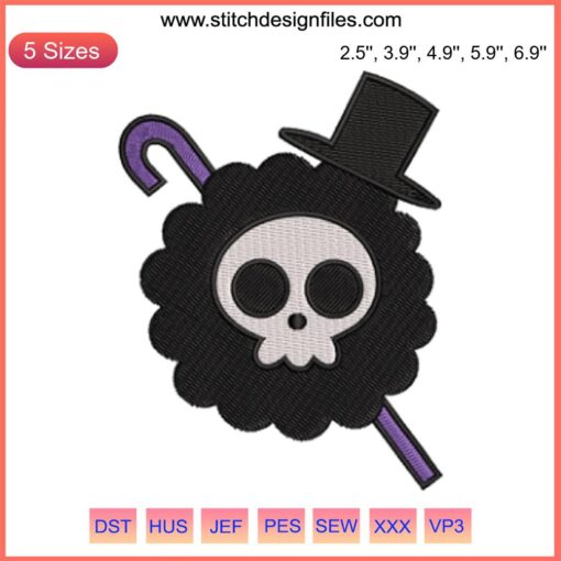 One Piece Brook Jolly Roger Embroidery Design File - Anime Machine Stitch Vector, Skull and Crossbones Pattern, Pirate Theme