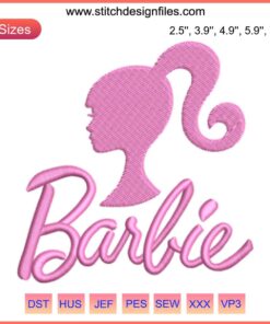 Barbie Logo Embroidery File – Machine Embroidery Design from Barbie Movie, digital download, colorful Barbie-themed embroidery pattern.