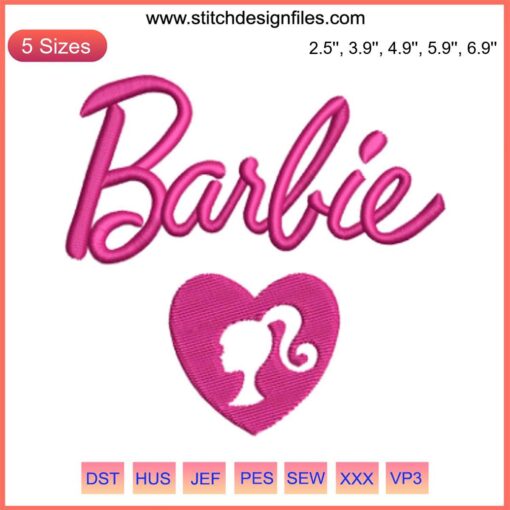 "Colorful Love Heart Barbie Embroidery File from Barbie Movie, digital machine design, perfect for vibrant fabric projects."