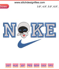 Wall-E & Eve embroidery design featuring Eve in iconic Nike swoosh. Machine embroidery file for DIY crafts, couple-themed decor.