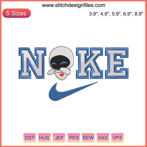 Wall-E & Eve embroidery design featuring Eve in iconic Nike swoosh. Machine embroidery file for DIY crafts, couple-themed decor.