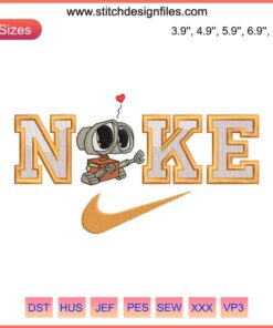 Wall-E Nike Embroidery Design featuring Wall-E and Eve couple, perfect machine design file for Nike apparel customization.