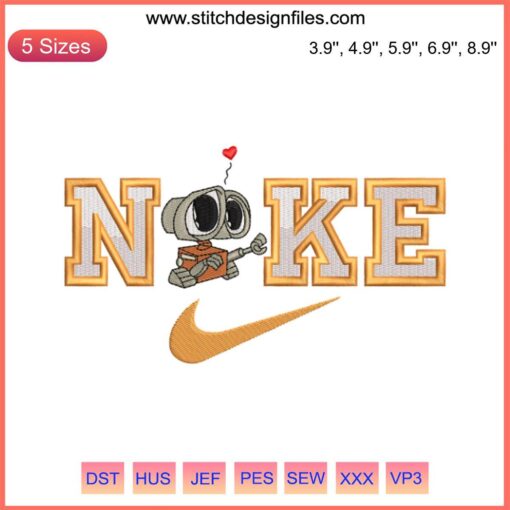 Wall-E Nike Embroidery Design featuring Wall-E and Eve couple, perfect machine design file for Nike apparel customization.