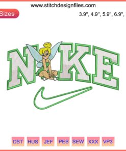 Tinkerbell Nike Embroidery Design featuring Disney's Tinkerbell silhouette with Nike swoosh; machine embroidery file.