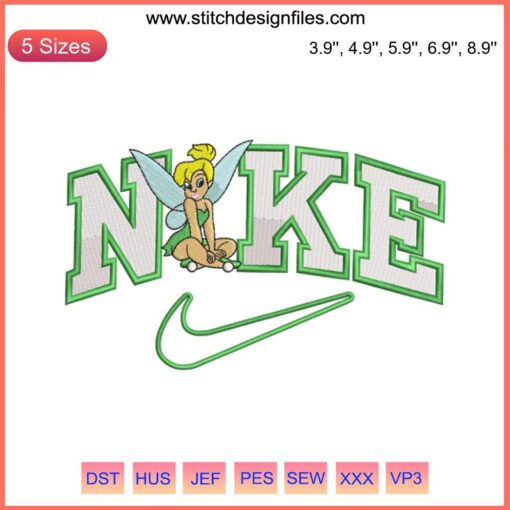 Tinkerbell Nike Embroidery Design featuring Disney's Tinkerbell silhouette with Nike swoosh; machine embroidery file.