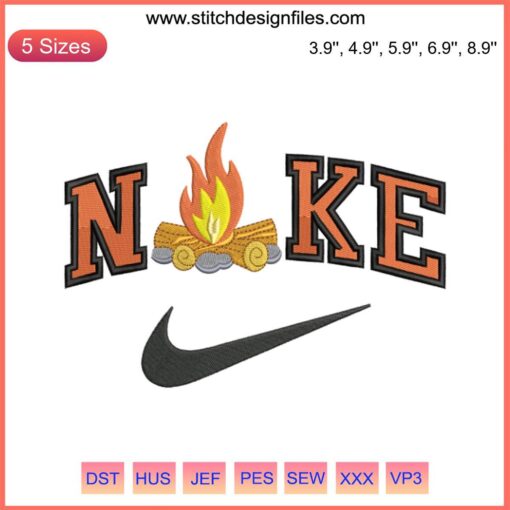 Fire x Nike Embroidery Design: Vibrant Flames Machine Embroidery File, Perfect for Customizing Apparel.