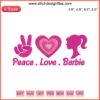 Peace Love Barbie Embroidery Design: Retro style heart, peace sign, Barbie silhouette; machine embroidery file for Barbie fans.