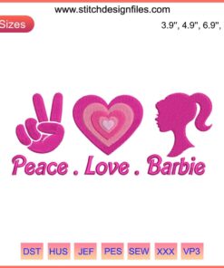 Peace Love Barbie Embroidery Design: Retro style heart, peace sign, Barbie silhouette; machine embroidery file for Barbie fans.