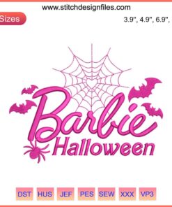 Halloween-themed Barbie embroidery design featuring Barbie in costume, inspired by the Barbie Movie 2023 machine embroidery file.