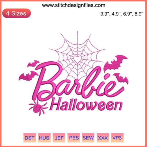 Halloween-themed Barbie embroidery design featuring Barbie in costume, inspired by the Barbie Movie 2023 machine embroidery file.