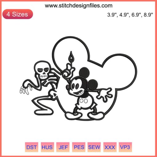 "Mickey Mouse & Skeleton Halloween Embroidery Design 2023, Spooky Machine Embroidery File for Halloween DIY Projects"