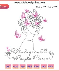 Colorful "Pathological People Pleaser" embroidery design inspired by Taylor Swift, featuring elegant script and playful accents.