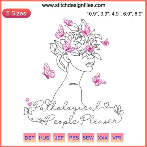 Colorful "Pathological People Pleaser" embroidery design inspired by Taylor Swift, featuring elegant script and playful accents.