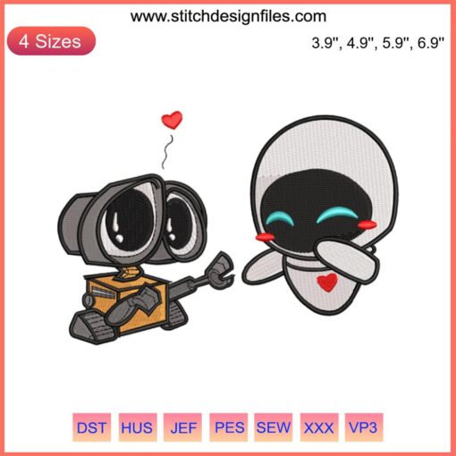 Wall-E and Eve Couple Embroidery | Cute Robots Love Design | Machine Embroidery File | Sci-Fi Embroidery Pattern