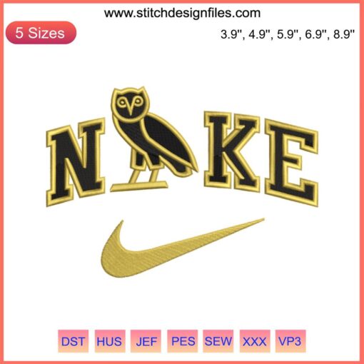 Owl Ovo x Nike Embroidery Design File featuring Owl logo with Nike swoosh, intricately detailed for digital embroidery projects.