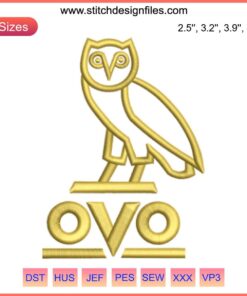 Owl Ovo Logo Embroidery Design File: Instant Download, intricate owl pattern, premium stitch, DIY fashion project.