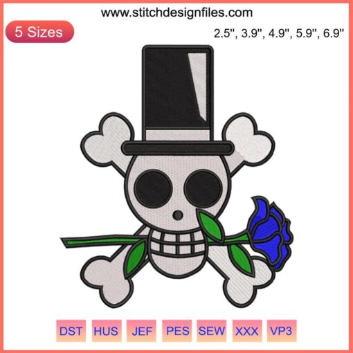 Anime One Piece Mirage Pirates Jolly Roger Embroidery Design, Skull with Tricorn Hat, Downloadable Embroidery File