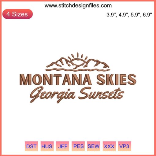 "Montana Skies Georgia Sunsets Embroidery - Jonas Brothers Design. Machine embroidered, vibrant landscape, intricate detailing."