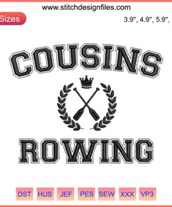 Cousins Rowing Embroidery Design - "Cousin Crew" text with oars, perfect for personalized shirts. Digital embroidery file download.