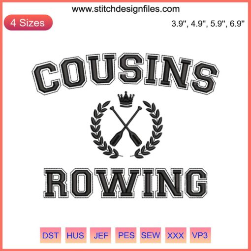 Cousins Rowing Embroidery Design - "Cousin Crew" text with oars, perfect for personalized shirts. Digital embroidery file download.