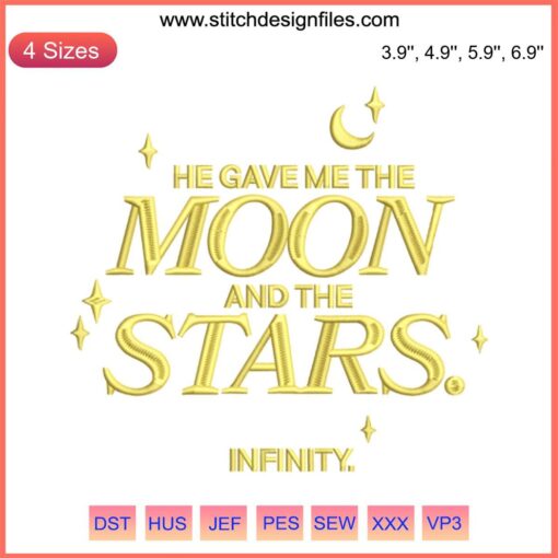 Infinity Love Embroidery: Moon & Stars Design, Instant Download; Romantic celestial-themed digital art for DIY crafts.