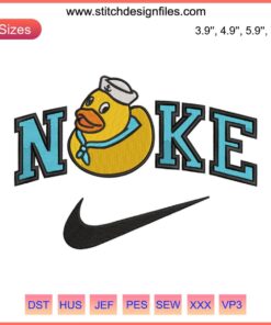 Embroidered duck in Nike sneakers, whimsical animal machine embroidery design, fun crafting file.