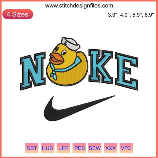 Embroidered duck in Nike sneakers, whimsical animal machine embroidery design, fun crafting file.