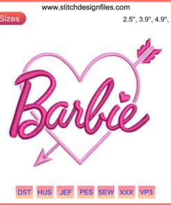 Barbie Arrow Heart Embroidery Design featuring pink heart with arrow, ideal for embroidery projects. Love motif, Barbie-themed design.