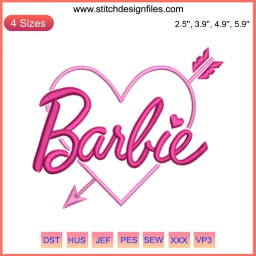 Barbie Arrow Heart Embroidery Design featuring pink heart with arrow, ideal for embroidery projects. Love motif, Barbie-themed design.