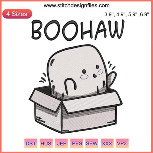 Boohaw Halloween Cute Embroidery Design featuring a playful ghost with "Happy Halloween 2023" text, perfect for festive projects.
