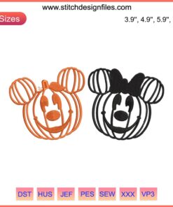 Disney-themed pumpkin Halloween embroidery design file for machine embroidery featuring "Happy Halloween" text.