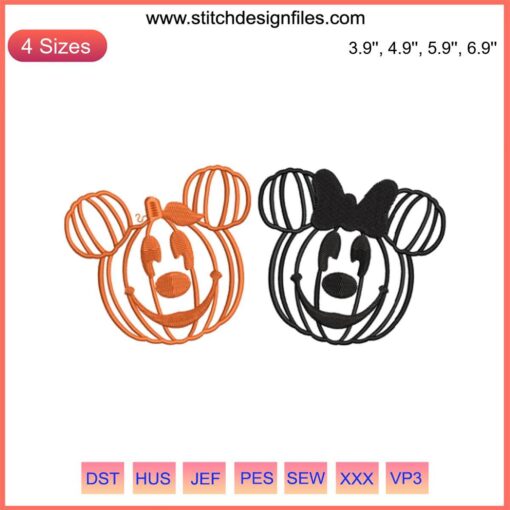 Disney-themed pumpkin Halloween embroidery design file for machine embroidery featuring "Happy Halloween" text.
