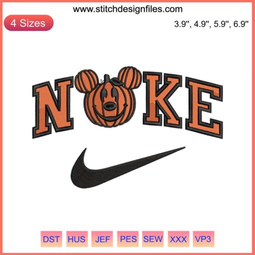 Mickey Pumpkin x Nike Embroidery Design: Halloween-themed Mickey & Minnie pattern for embroidery files.