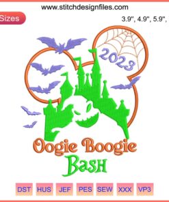 Mickey Mouse in Halloween attire with "Oogie Boogie Bash 2023" embroidery design file, ideal for Disney-themed crafts.