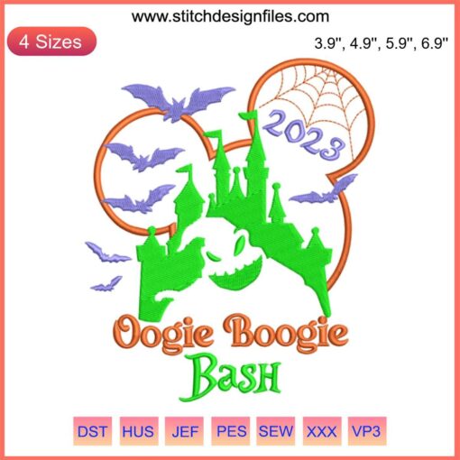 Mickey Mouse in Halloween attire with "Oogie Boogie Bash 2023" embroidery design file, ideal for Disney-themed crafts.