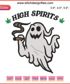 "High Spirits Ghost Funny Embroidery Design: Playful ghost on 420 theme for Halloween. Digital file ideal for festive crafts."