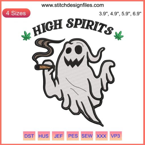 "High Spirits Ghost Funny Embroidery Design: Playful ghost on 420 theme for Halloween. Digital file ideal for festive crafts."