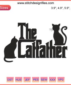 The Catfather Embroidery Design: Whimsical cat with fedora, perfect for Father's Day machine embroidery projects.