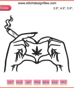 Heart-shaped hand sign with embroidered cannabis leaf design, marijuana embroidery pattern, digital machine embroidery file.