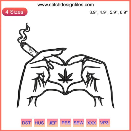 Heart-shaped hand sign with embroidered cannabis leaf design, marijuana embroidery pattern, digital machine embroidery file.