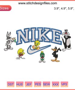 Looney Tunes x Nike Embroidery Design featuring iconic cartoon characters, perfect for machine embroidery projects.