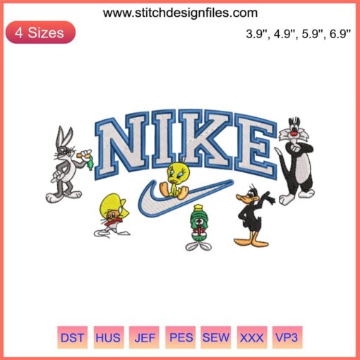 Looney Tunes x Nike Embroidery Design featuring iconic cartoon characters, perfect for machine embroidery projects.