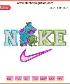 "Digital embroidery file of Nike's Mike and Sully cartoon monsters, perfect for machine embroidery projects, vibrant and detailed design."