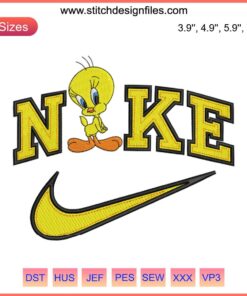 Looney Tunes Tweety Bird x Nike embroidery design file, vibrant cartoon motif, machine embroidery, unique apparel decoration.