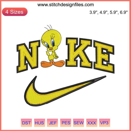 Looney Tunes Tweety Bird x Nike embroidery design file, vibrant cartoon motif, machine embroidery, unique apparel decoration.