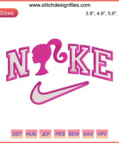 Barbie-themed Nike embroidery design featuring iconic Barbie logo, perfect for machine embroidery enthusiasts and Barbie movie fans.