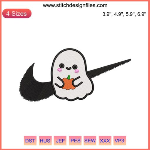 Swoosh Ghost Pumpkin Embroidery Design, Halloween 2023, Cute Machine File, Ghostly Pumpkin Pattern, Digital Embroidery Art